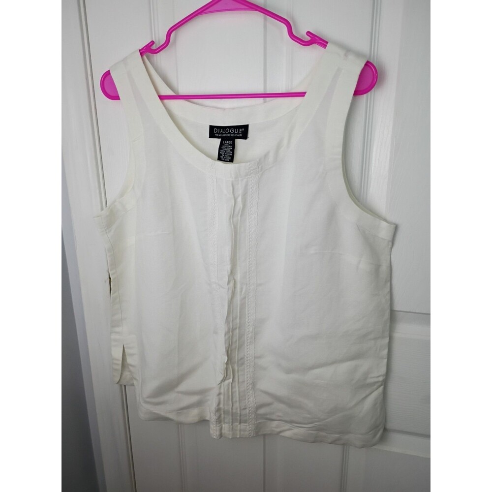 Dialogue Woman L Linen Blend Off White Tank Crochet Trim Side Slit Breathable